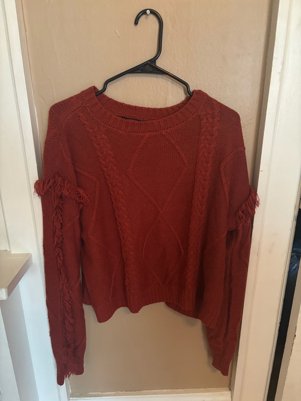 Rock N Roll Denim Rust Cable Knit Fringe Sweater